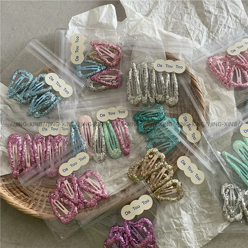 

Модный набор голографических заколок-капель для волос с блестящим золотым порошком и декором в виде сердечек, заколки для челки, милые боковые заколки для волос, аксессуары для волос