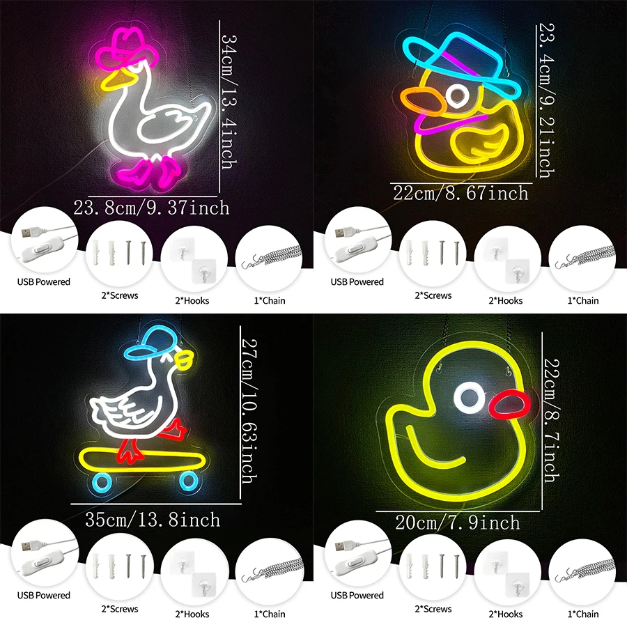 Sinais de néon da série de pato dos desenhos animados, ícones de led de pato amarelo bonito feitos à mão, usados para quarto, casa, sala de jogos, bar, decoração de arte de escritório.