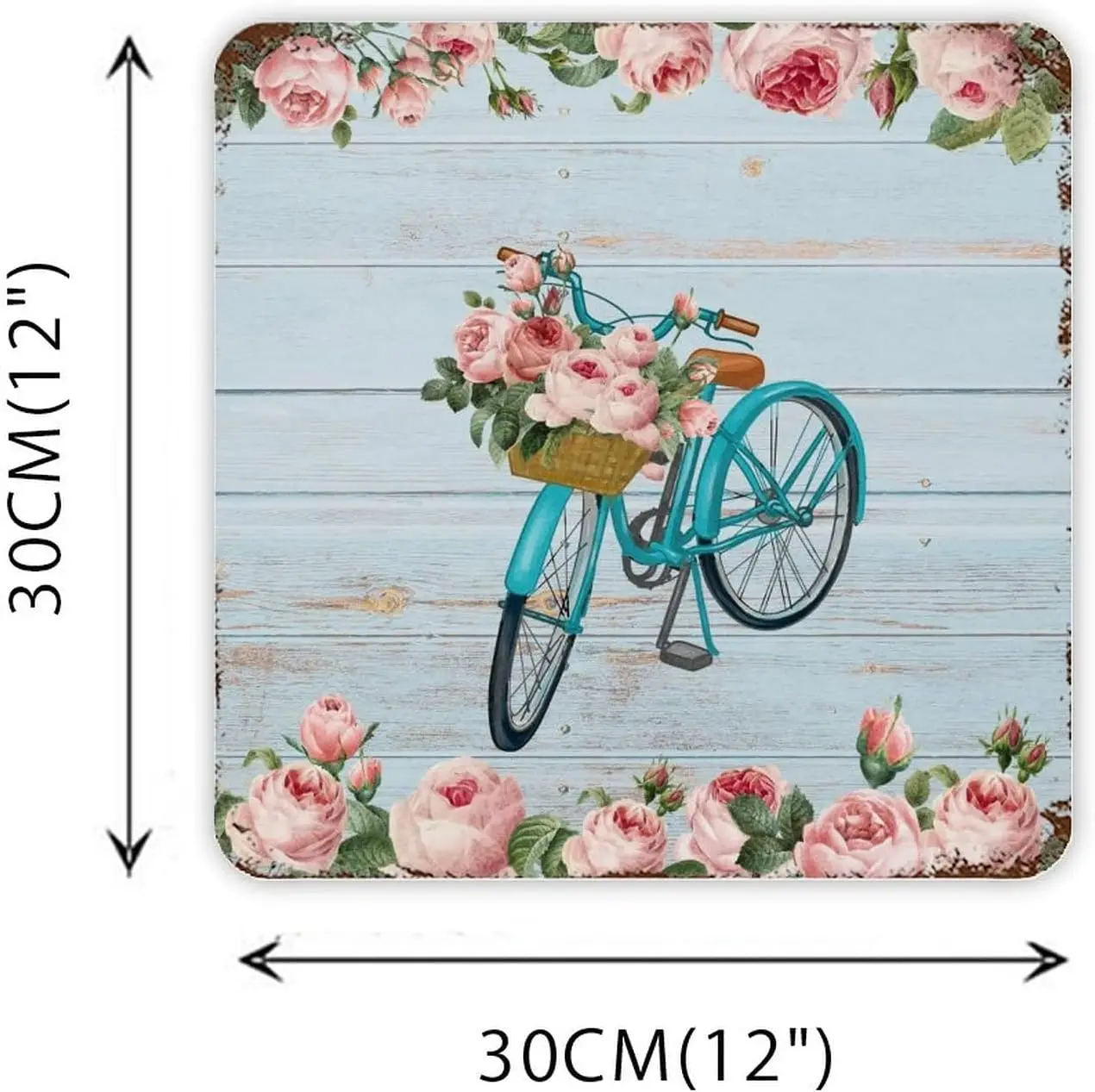 Vintage Wood Grain Tin Sign Bike with Basket Pink Rose Metal Plaque Welcome Summer Decor Unique Drinking Sign