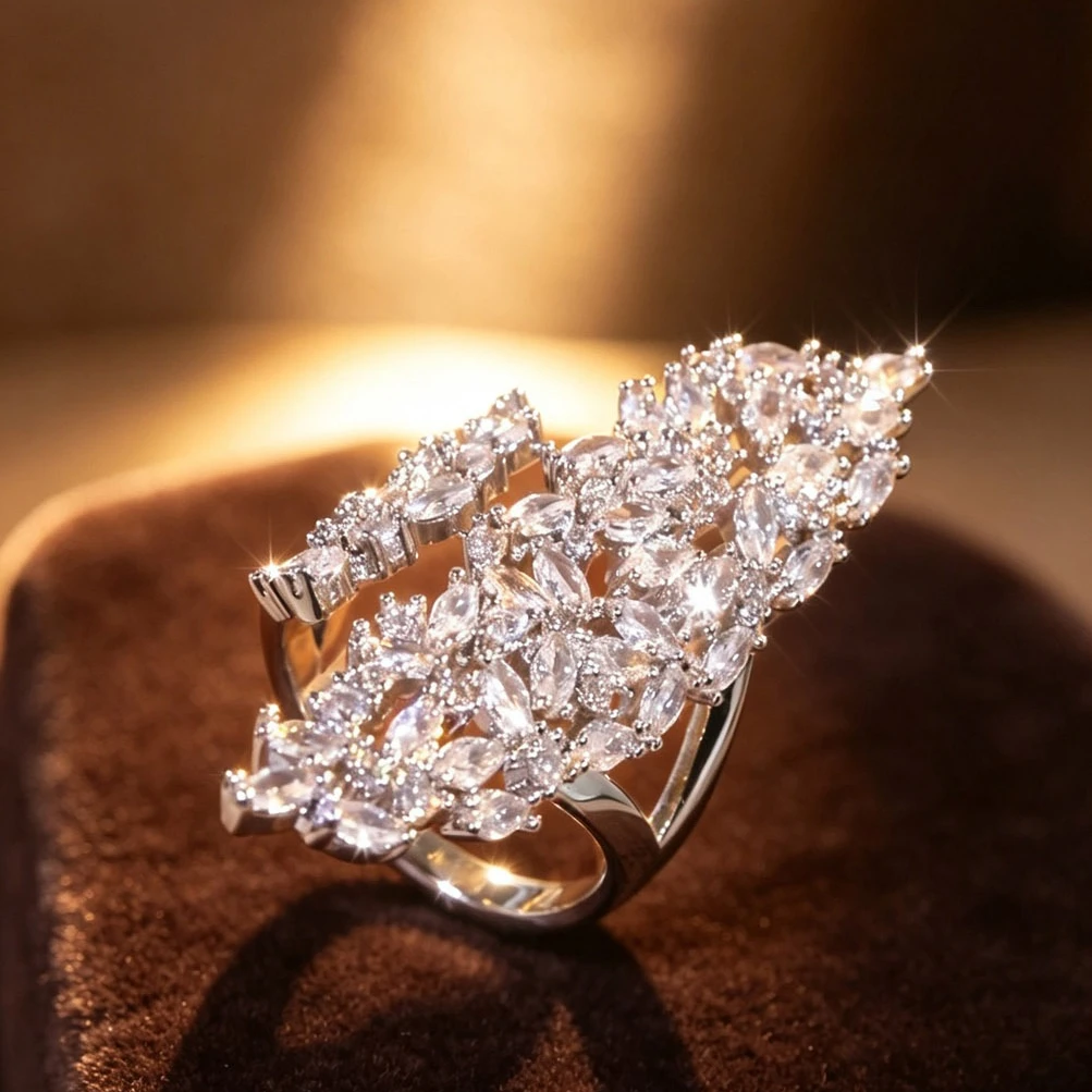 Women Open Cuff Statement Ring Marquise Cut Synthetic Zircon Inlaid Silver Tone Long Leaf Shape Finger Ring Luxury Party Fashion Jewelry For Ladies