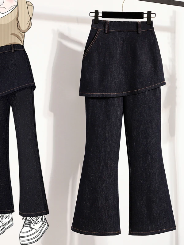 Casual Flared Jeans Skirt Pants Elastic Waist plus Size Women's Loose Fit Straight Leg Trousers Floor Length Slimming Effect