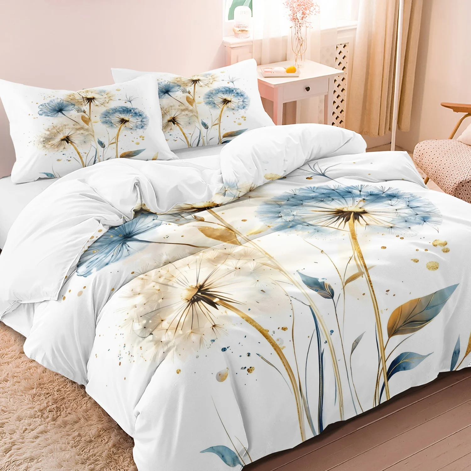 

3pcs Golden Foil Dandelion Duvet Cover Set Golden And Blue Dandelion Pattern Printed Bedding, Breathable Duvet Cover