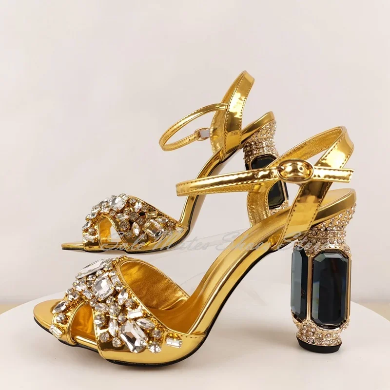 Nuovo arrivo strass dorati sandali con tacco alto grosso estate elegante fibbia alla caviglia décolleté con cinturino a T scarpe eleganti da donna per feste