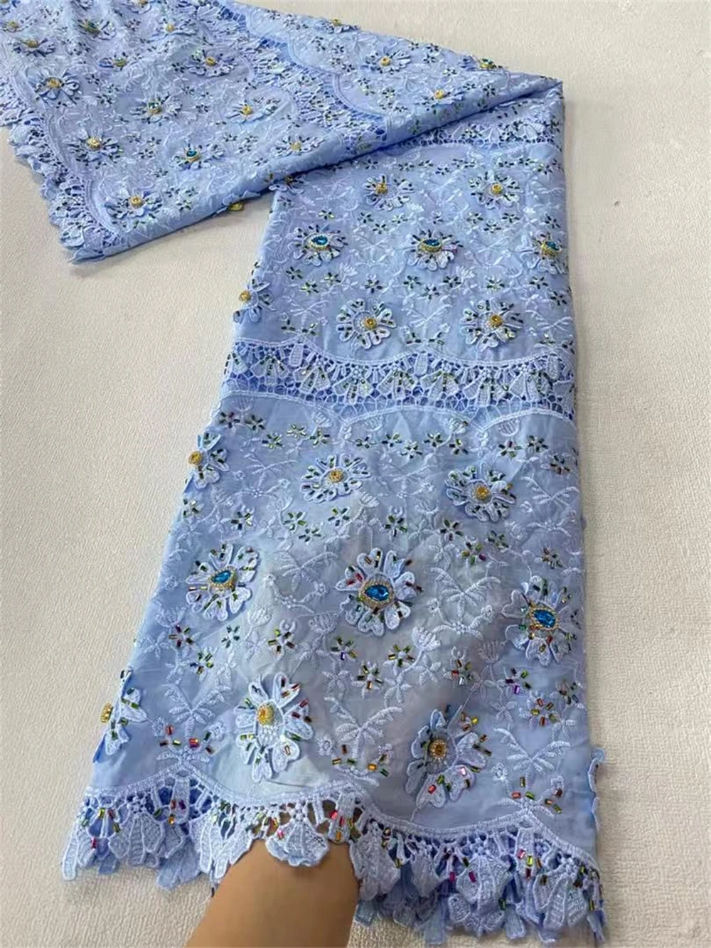

2025 High-Quality Africa Nigerian Sequins Cotton Embroidery Lace Fabric Tulle for Wedding Party Dress Chiffon JL480 5 Yards