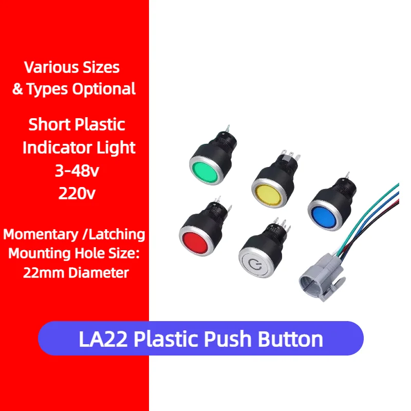 LA22 Plastic Start Stop Push Button Switch Momentary Latching Round LED Illuminated Power Switch for Industrial Control Panel