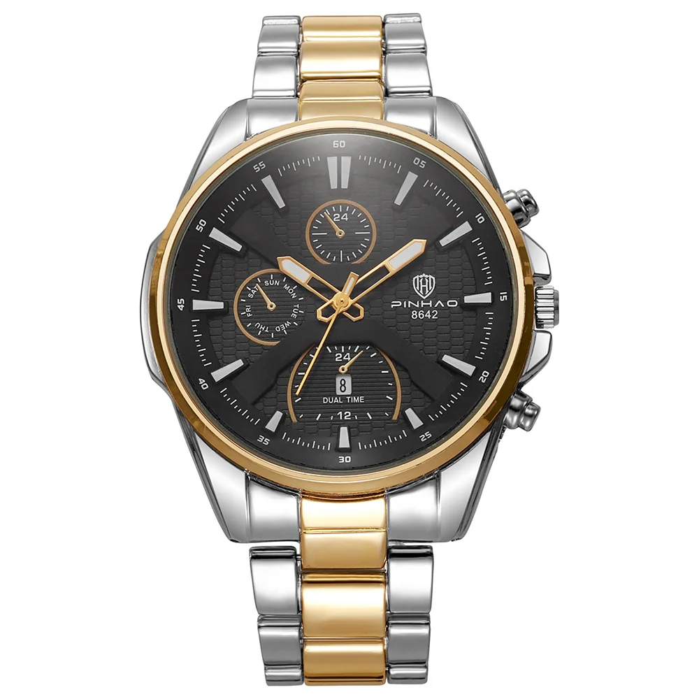 Luxury Men Two Tone Gold Silver Quartz Watch Decor Multi Sub Dial Steel Bracelet Business Gift Watch