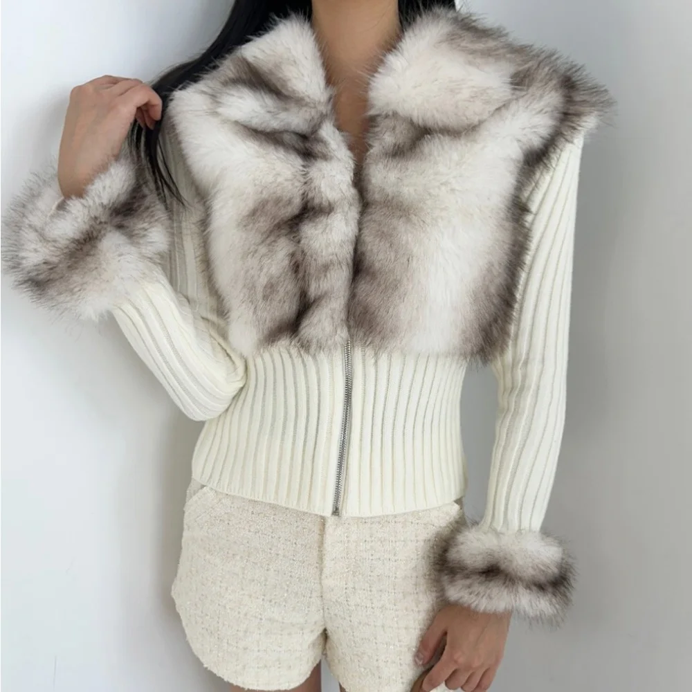 

Chic Knitted Women's Jaet Fake Fur Collar Waist-Cinching Long Sve Winter Outerwear Eco-friendly Rabbit Skin Simulation