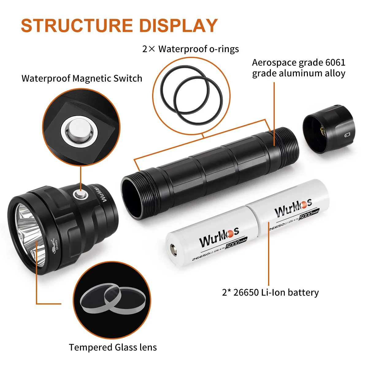 Wurkcos DL40 lampu selam Scuba, senter 26650 Ultra kuat 5000LM 4 * LH351D lampu kerja LED IPX-8 lentera memancing bawah air