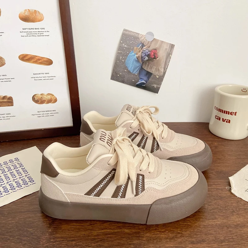 Kids Color Block Platform Skate Shoes Stripe Stitch Lace Up Non Slip Sole Wine Coffee Two Tone Girls Casual Footwear