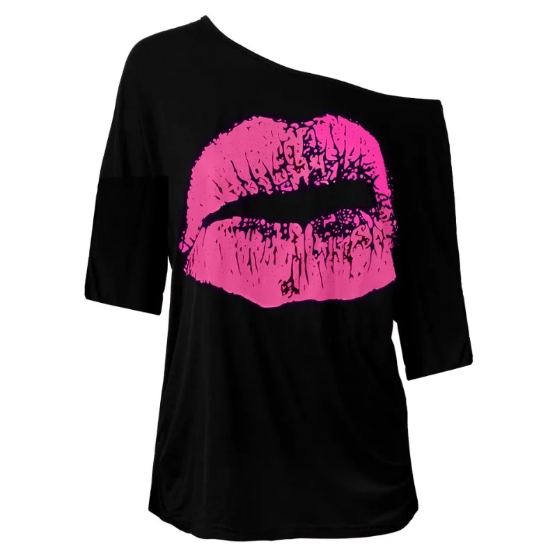 

Choice Women Sexy Costume Tops Shew Collar Mid Sleeve Big Lips Printed Vintage Loose Clothes Ladies T-shirts Ecoparty