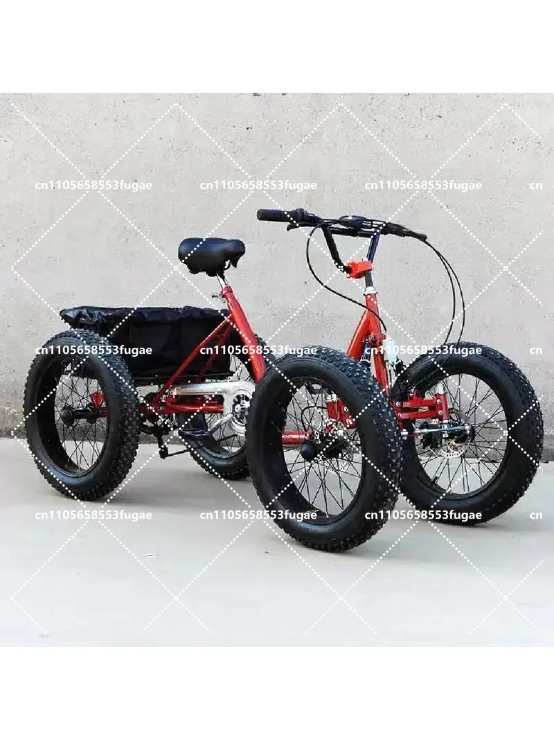 Fat Tire 4 Wheel Cargo Bike Pedal Powered Four Wheeler with Storage Basket for City Commuting