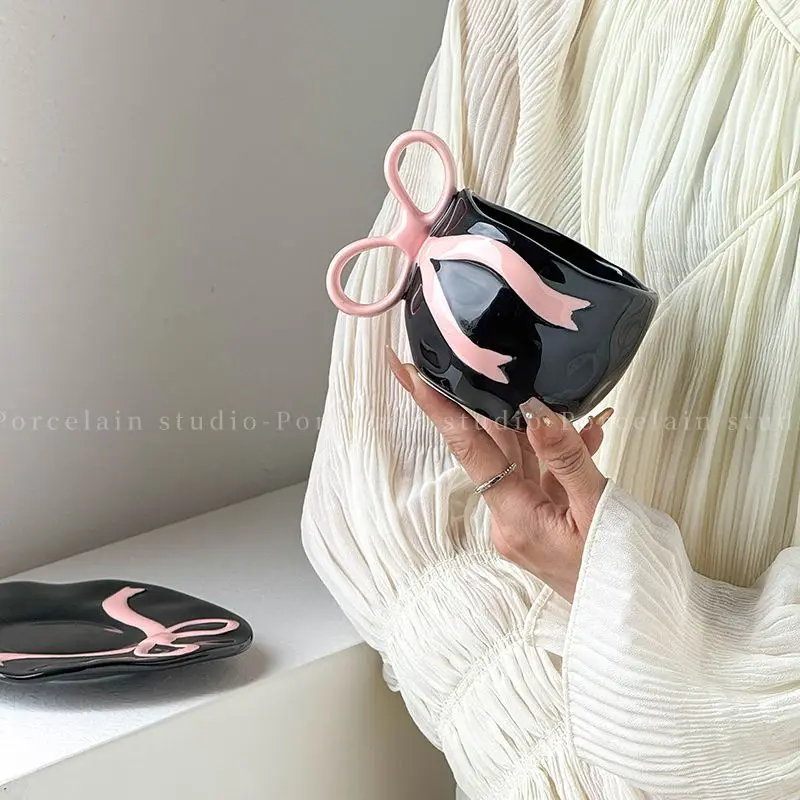 Camellia Poetry Paper Bow Ceramic Coffee Cup and Plate Set for Girls, Exquisite Companion Gift: Afternoon Tea Latte Cup Gift Box