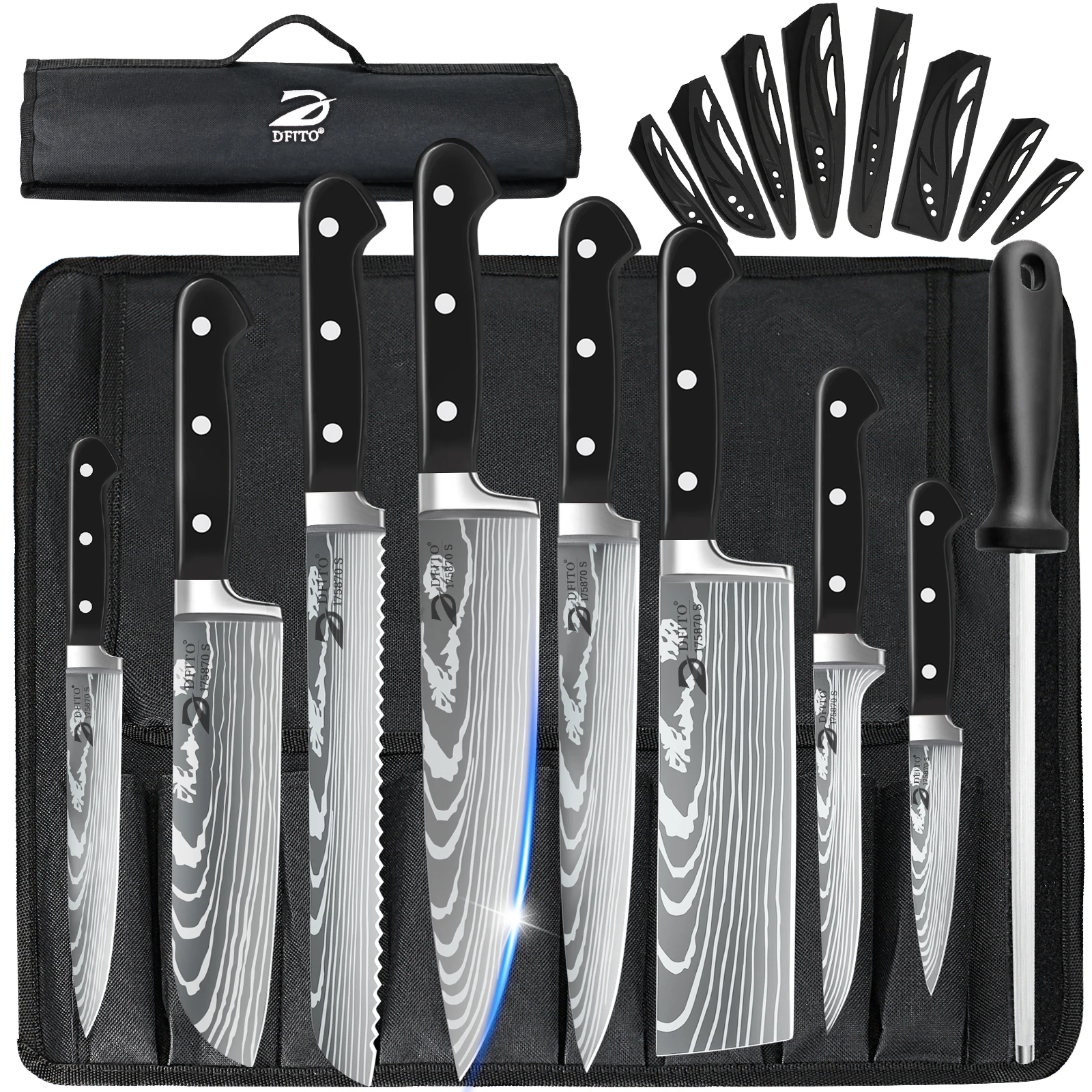 

8pcs Utility Kitchen Knife Multifunction Cleaver Paring Bread Cutter Chef Special Knife Sets With Knife Cover and Nylon Bag