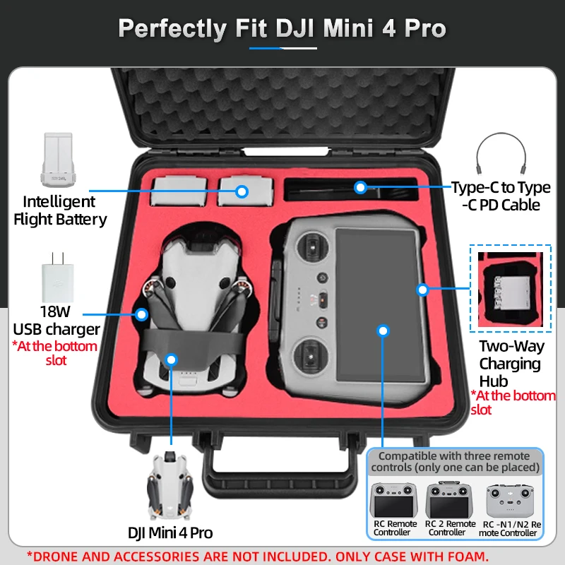 Hard Shell Storage Case for DJI Mini 4 Pro Waterproof Portable Handbag Explosion-proof Suitcase for DJI RC 2/RC-N2