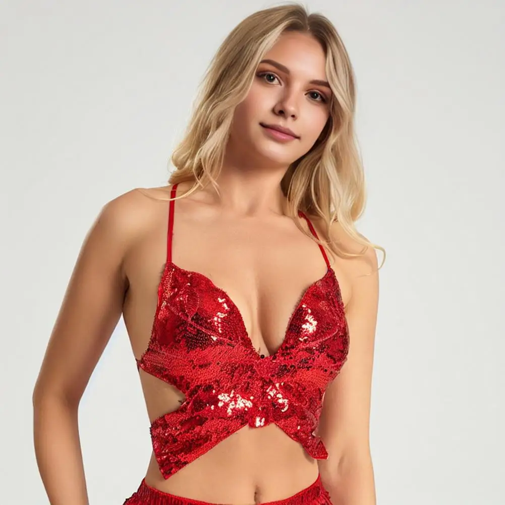 

Y2k Butterfly Sequin Crop Top Halter Neck Shiny Sequin V Neck Sexy Camisole Butterfly Shape Bra Sling Crop Top Women Camisole