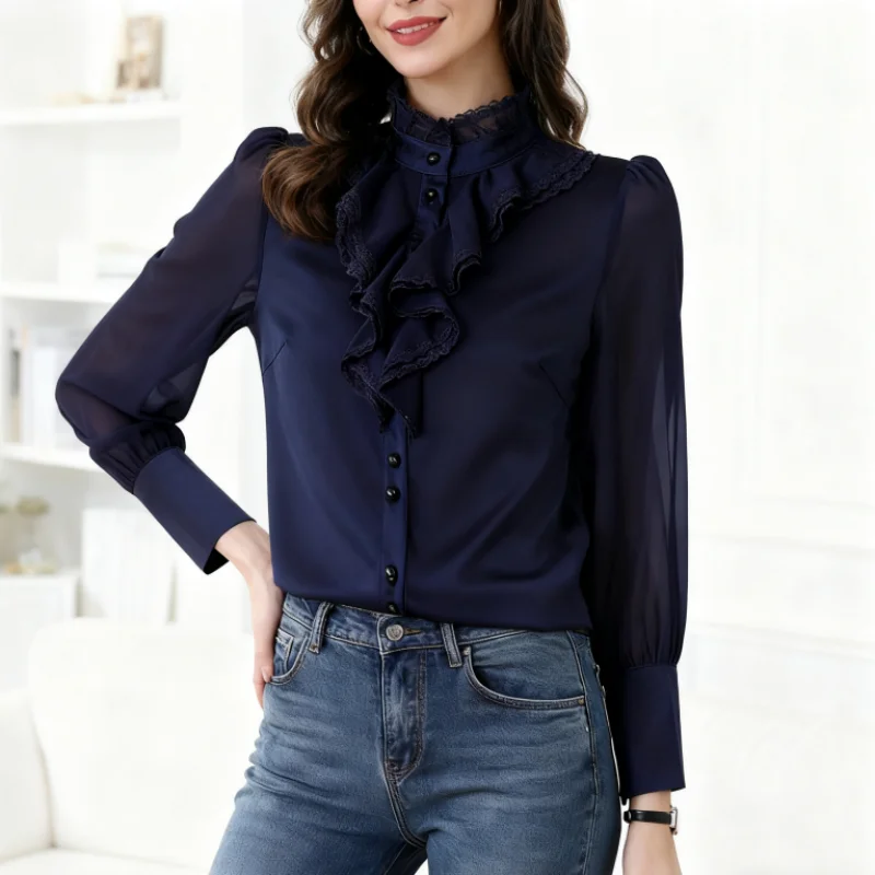 

Fashion Long Sleeve Women Shirts Lace Chiffon Top Office Lady Elegant Dark Blue Blouses Ruffles
