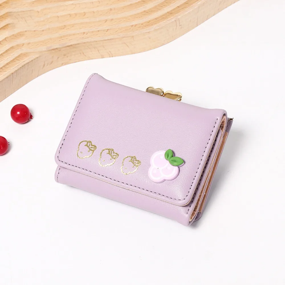 Cute Fruit Pattern Short Folding Card Bag PU Causal Trifold Wallet Sweet Candy Color Card Holder Ladies