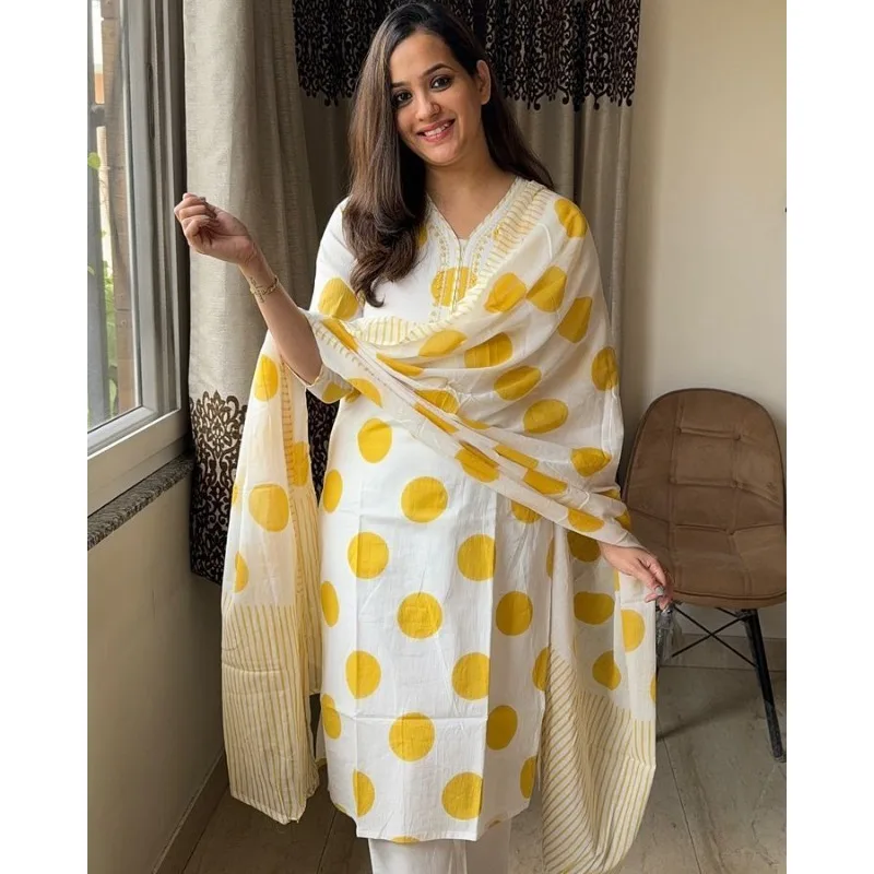 

Summer Cotton Kurta Palazzo Dupatta Set Readymade Yellow Dot Decoration Salwar Kameez Dresses