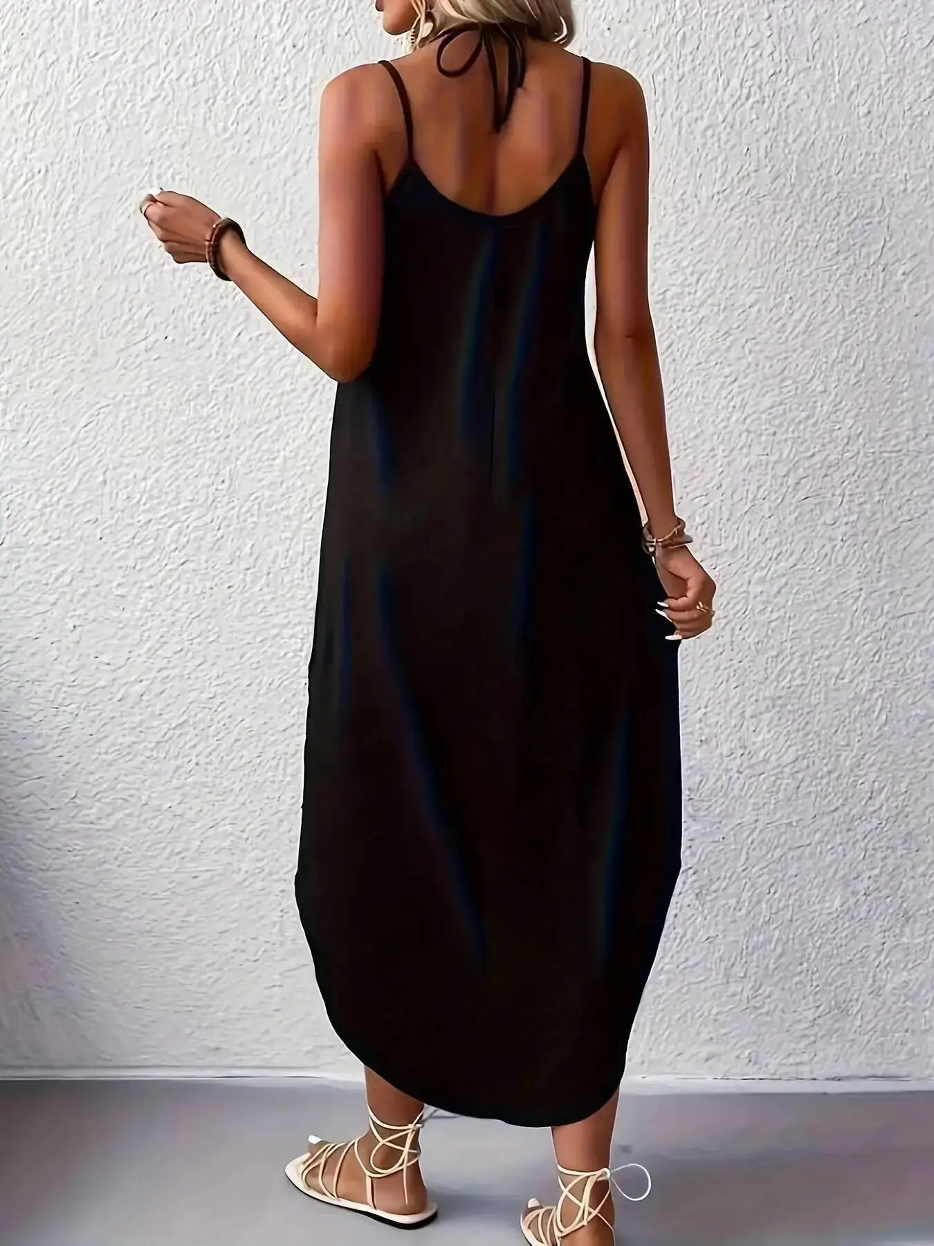 فستان كامي بحاشية متعرجة بلون سادة، فستان طويل فضفاض مثير بدون أكمام بحزام سباغيتي، فساتين ملابس نسائية