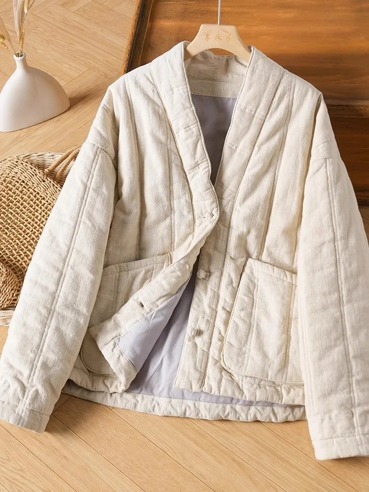 

Утепленная льняно-хлопковая куртка для женщин: легкое теплое зимнее пальто с китайскими пуговицами, хлопковая одежда