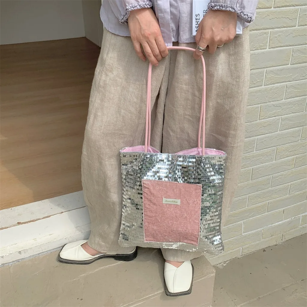 Sequin Patchwork Tote Bag Soft Tote Bag Large Capacity Handbag Canvas Velvet Canvas Shoulder Bag For Shopping Casual Dating