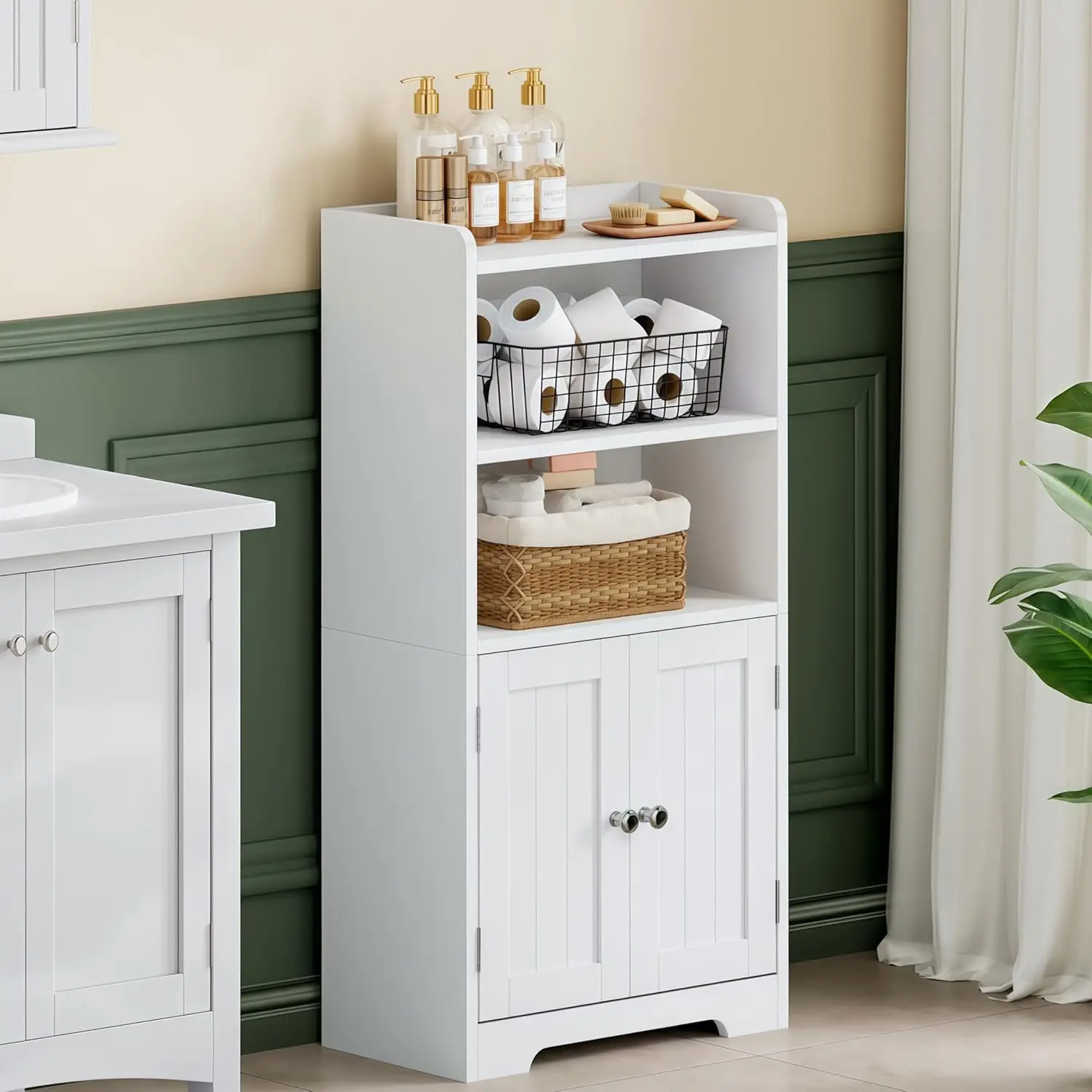 

Narrow Bathroom Storage Cabinet with 2 Doors and Shelves, Freestanding Floor Organizer for Small Spaces, White
