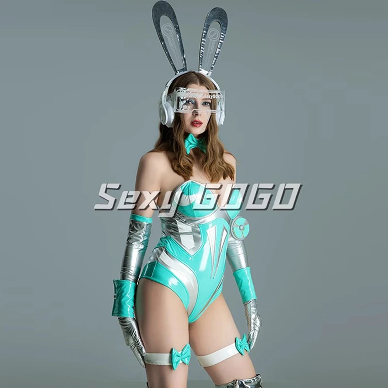 2023 New Sexy Strapless Bodysuit Nightclub Gogo Dance Clothing Mint Green Future Sense Singer Dancer Performance Costume VDB7089