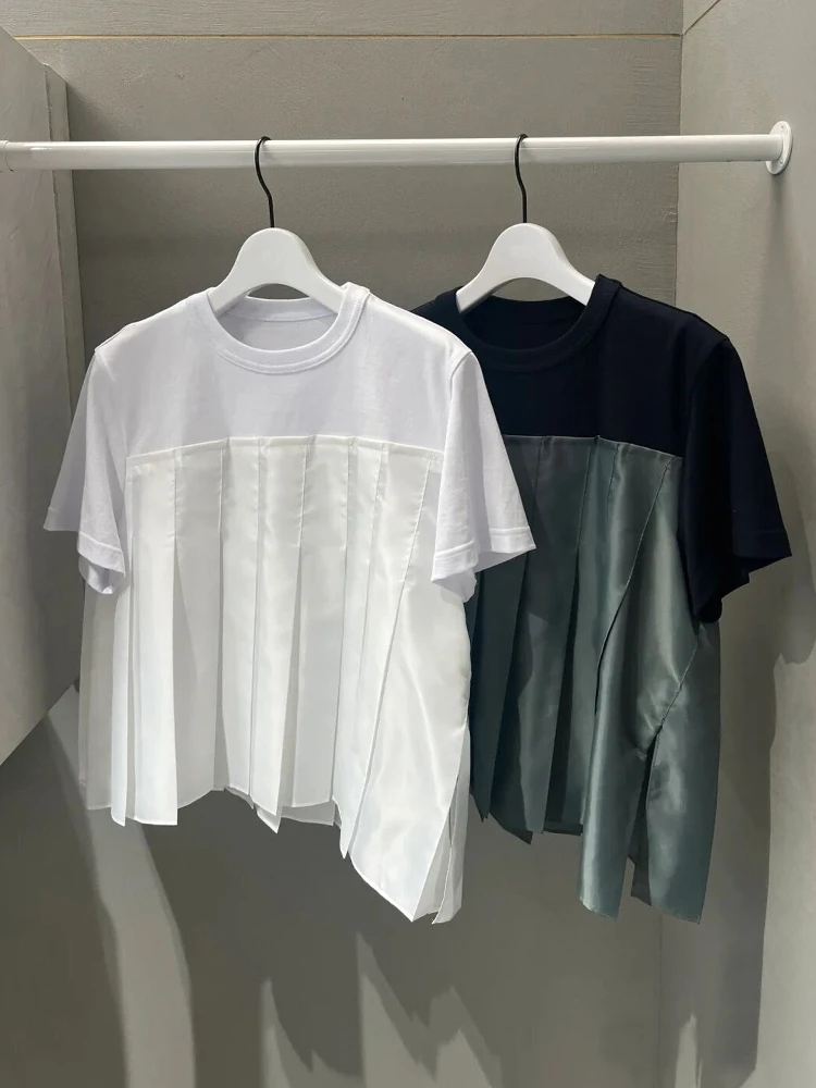 

Summer 2025 Women's round Ne Splice Casual Pleated ort Sve T-irt Design Sensation Color Blo Slimming Top