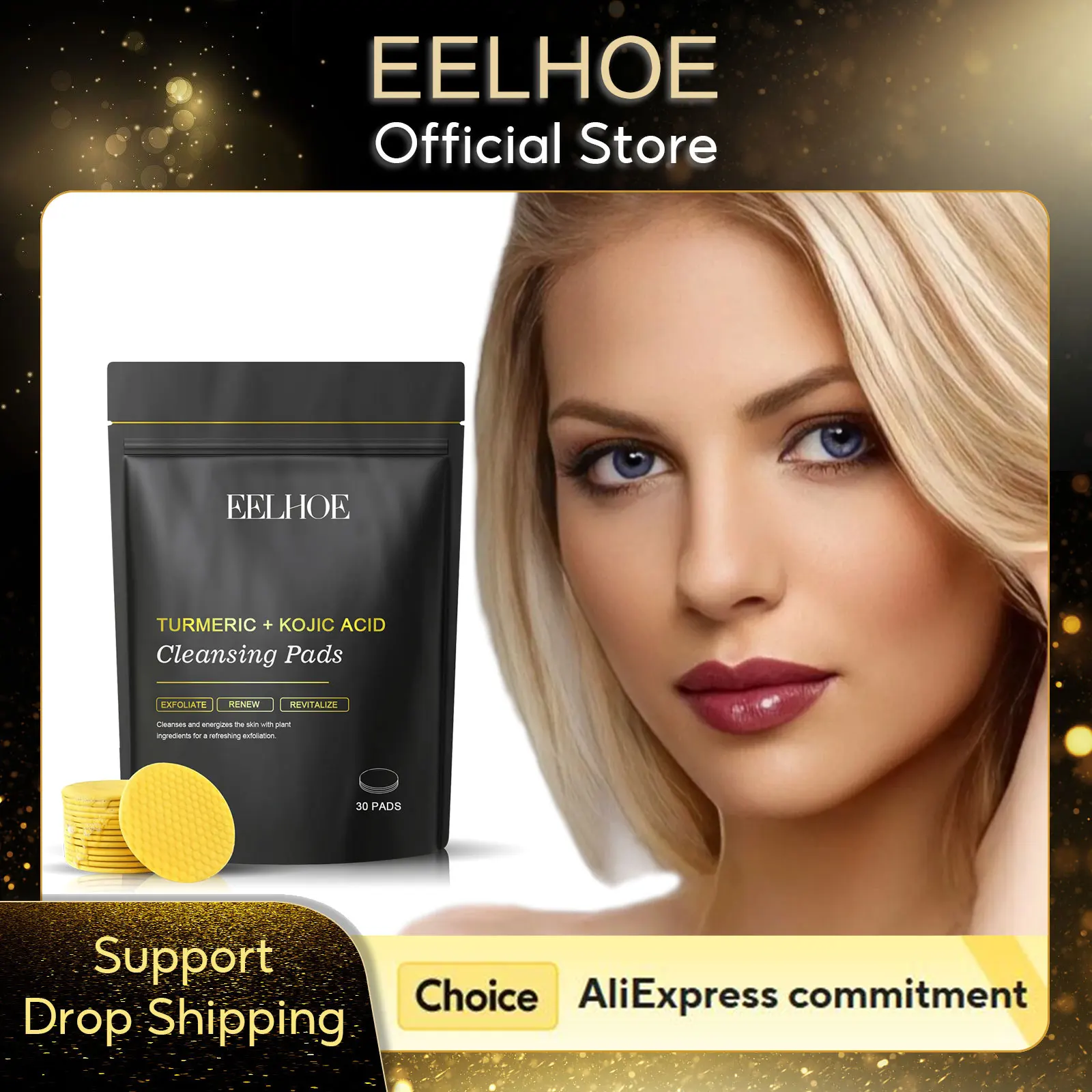 

EELHOE Kojic Acid and Turmeric Cleansing Pads Oil Control Refreshing Face Cleaning Daily Care Moisturizing Facial Cleansing Pads