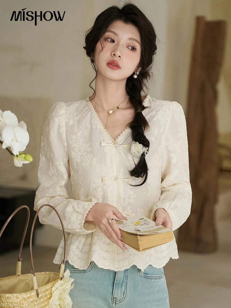 MISHOW Chinese Lace Blouses French Sweet Three-dimensional Embroidery Spring 2024 Button Up V-neck Long Sleeved Top MXD14X1433