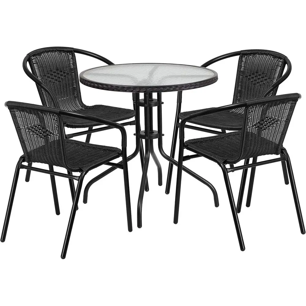 

28 Round Glass Dining Table with Black Rattan Edge and 4 Stackable Chairs
