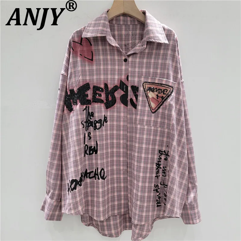 

ANJY Spring Autumn New Women Fashion Plaid Print Letter Cartoon Mid-Length Shirt Loose Chic Ins Casual Long Sleeve Shirts A16984