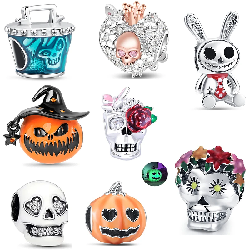 Abalorio que brilla en la oscuridad, cuentas de calavera de calabaza compatibles con Pantaro Original, pulsera de plata auténtica 925, joyería, accesorios de moda para Halloween