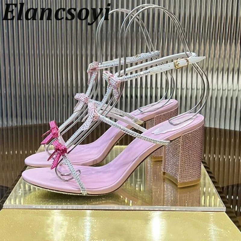 Sandalias Women Shiny Crystal Bow Knot Square Heel Dress Shoes Summer Open Toe Genuine Leather Narrow Band Sandals Party Shoes