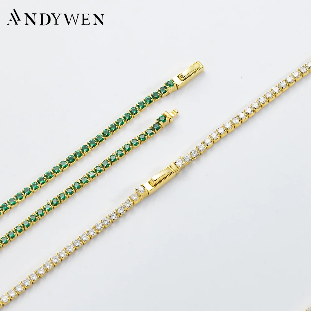 

ANDYWEN 925 Sterling Silver Gold 2mm Clear White Tennis Green CZ Chain Choker Necklace Women Luxury Fine Wedding Christmas Jewel