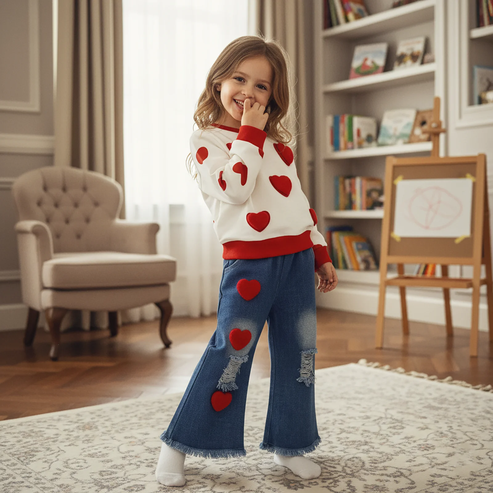 Little Girls Valentine's Day Outfit Heart Long Sleeve Sweatshirt Tops and Ripped Jeans 2 Piece Spring Fall Set