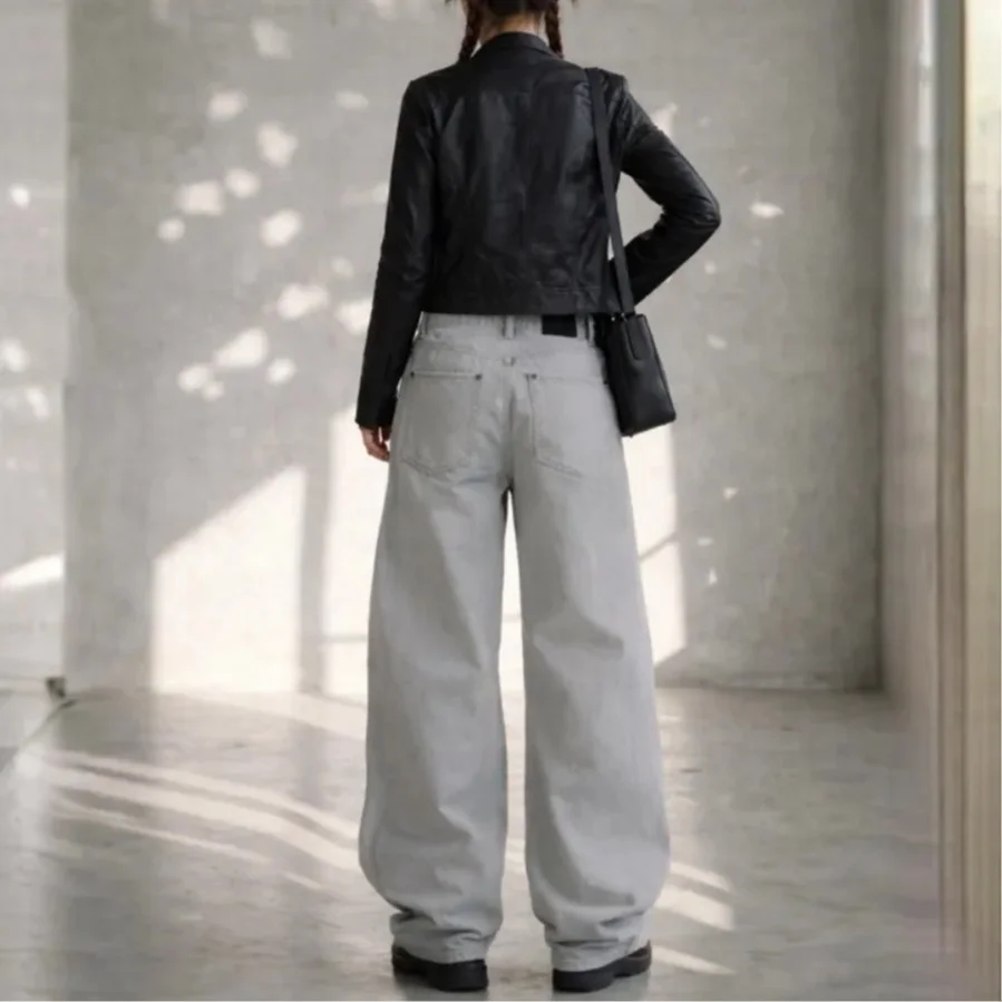 Retro Washed Embroidered Wide Leg Jeans Floral Trimmed Casual Cotton Denim Pants Loose Fit Standard Size for Women Adults