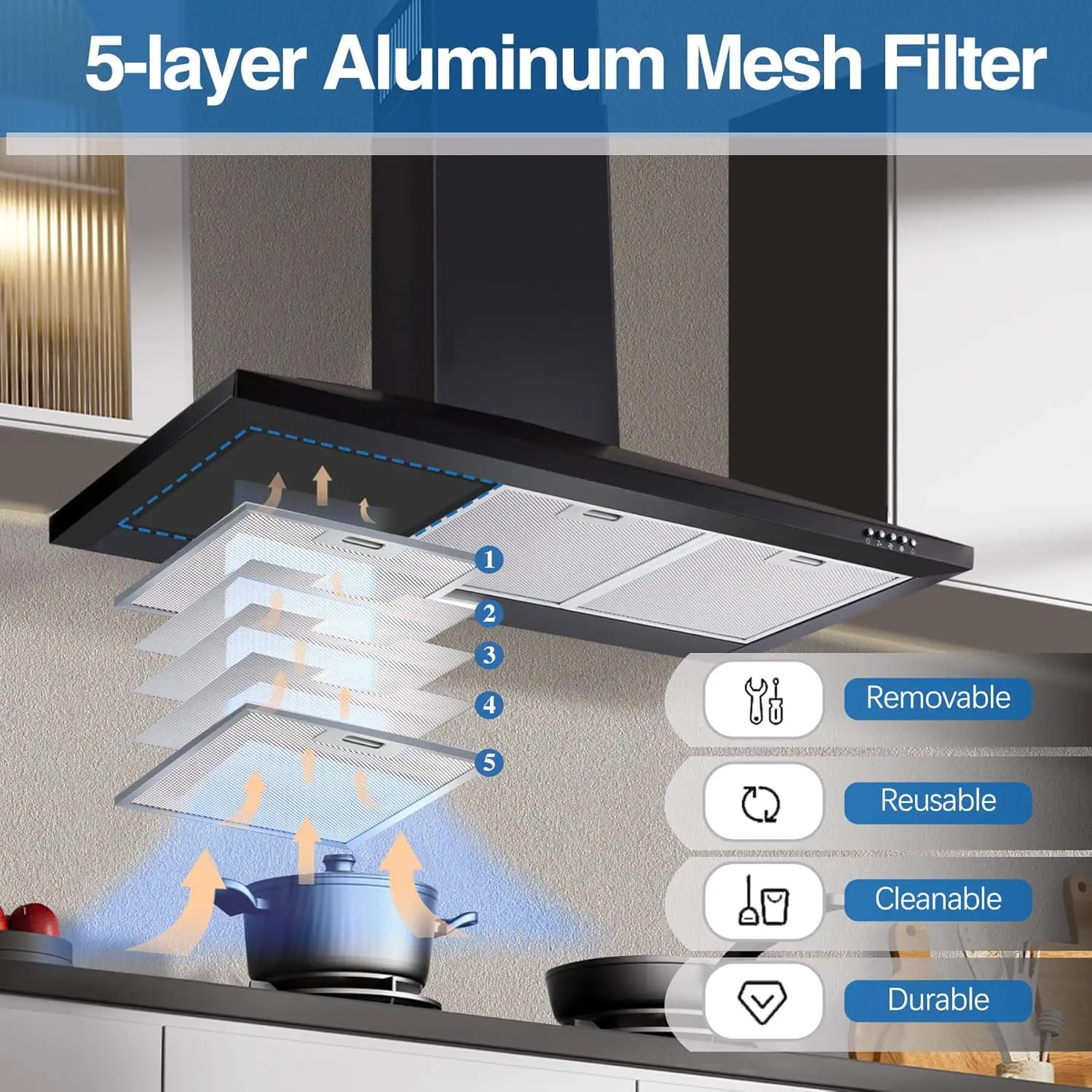 غطاء محرك السيارة 36 بوصة غطاء فتحة تهوية أسود مع 450CFM 3 سرعات مجاري الهواء مرشحات شبكية قابلة للتحويل زر التحكم لغطاء الموقد #4