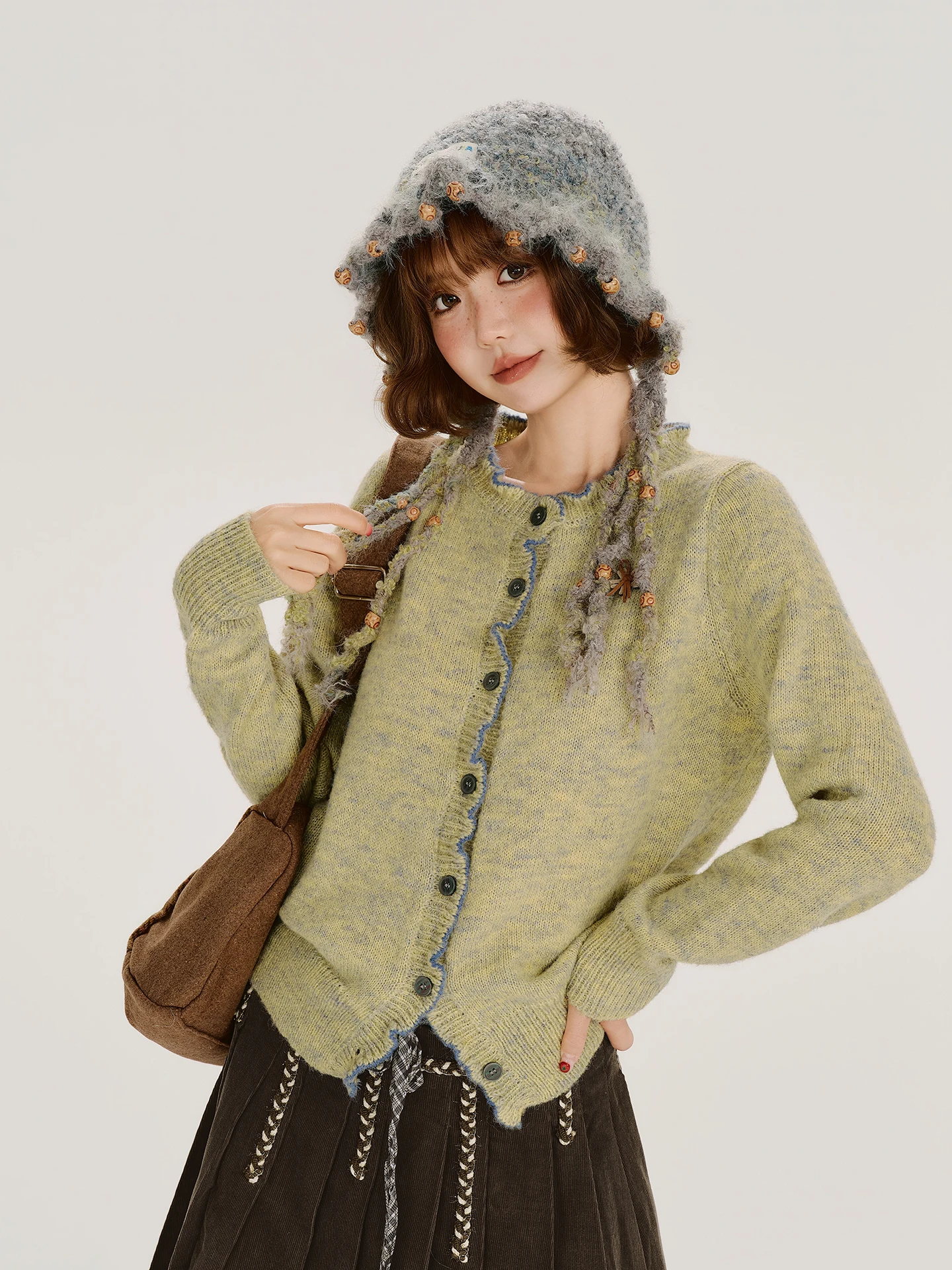 Girlyhalo American Retro Wood Grain Color Block Sweater Coat Women's Casual Versatile Knitted Shirt Autumn New Style