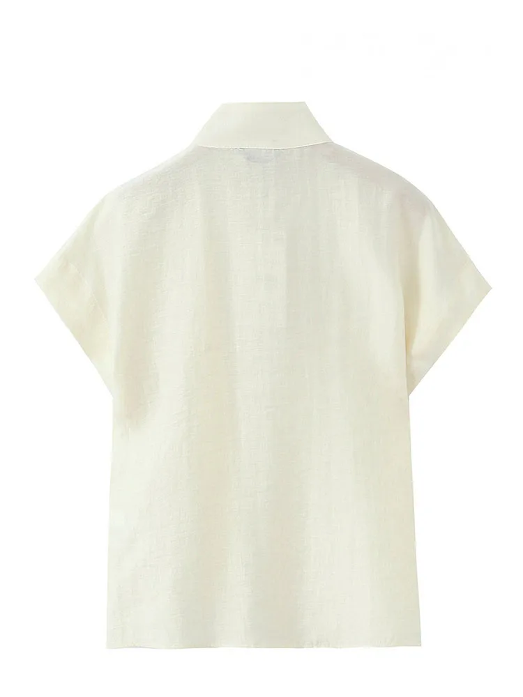 HH Women's Fashion Breasted Decoration Short Sleeve Summer Top Female Loose High Street Half-high Collar Solid Top Mujer