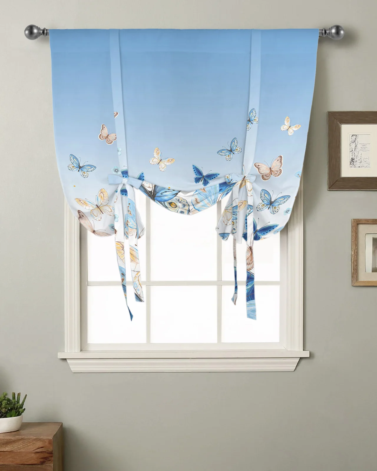 

Pastoral Butterfly Blue Gradient Kitchen Short Window Curtain Rod Pocket Curtains Home Decor Small Window Roman Tie Up Curtains