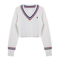 Korean Fashion Sweaters Women Autumn V-neck Y2K Cartoon Embroidery Knitted Tops Winter Soft Basic Long Sleeve Pullovers