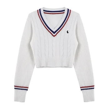 한국어 패션 스웨터 여성 가을 ​​v 넥 Y2K 만화 자수 니트 탑 겨울 소프트 기본 긴 소매 풀오버