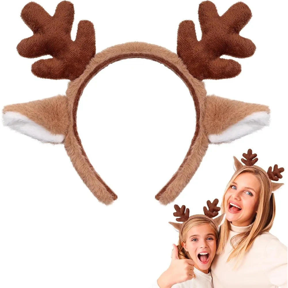 

Reindeer Ears Headband – Fluffy Brown Elk Antler Hairband for Women & Girls – Christmas Party Costume Accessory