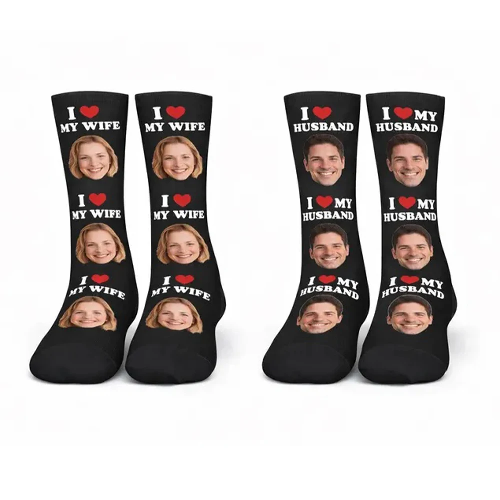 Fashion custom face socks DIY husband and wife tube socks Valentine's Day anniversary the best gift for husband and wife view 3