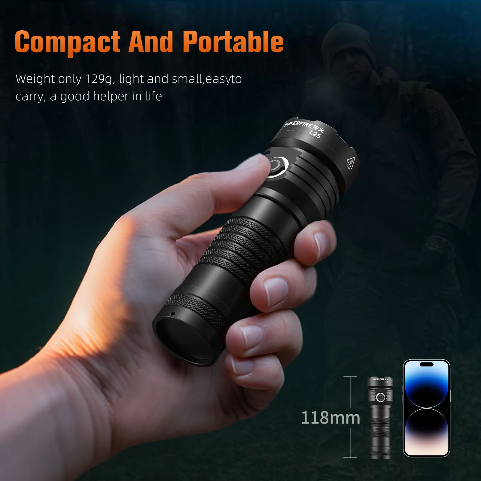 SUPERFIRE L25 EDC Flashlight Mini Powerful 35W LED 3700LM Super Bright Small Torch Type-C Rechargeable Self defense Camping Lan