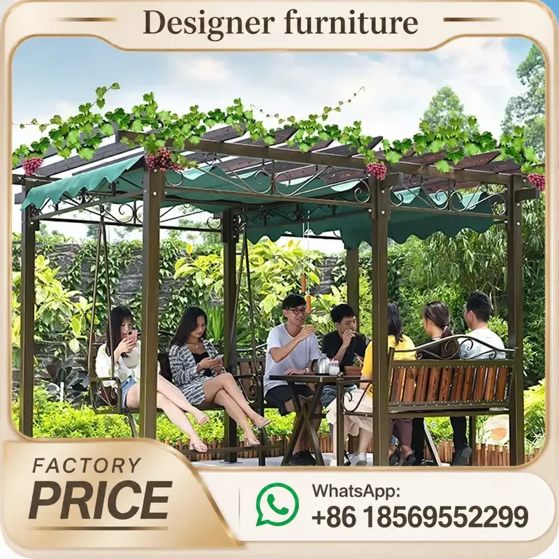 Outdoor Garden Gazebo Pergola With Swing Table Seat Sunshade Pavilion For Leisure Rest Decorative Grape Trellis