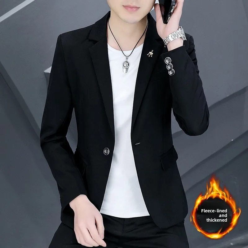 

Мужской модный утепленный флисом осенне-зимний костюм: приталенный однобортный пиджак в городском стиле с длинными рукавами, цветной