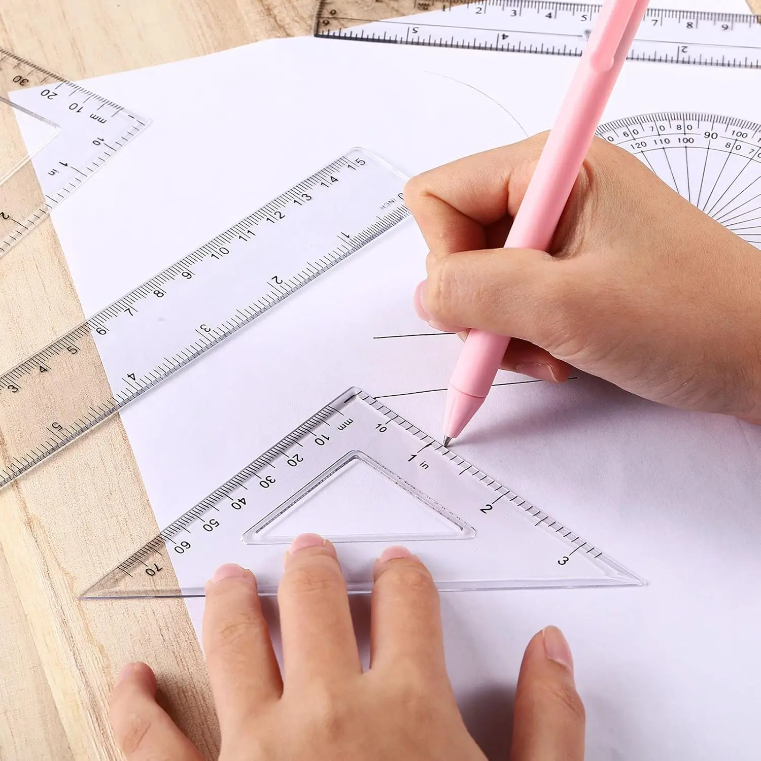 1 Set Plastic Clear Math Set Includes Protractor Triangle Rulers 12 Inch 6 Inch Straight Geometry Math Transparent Ruler