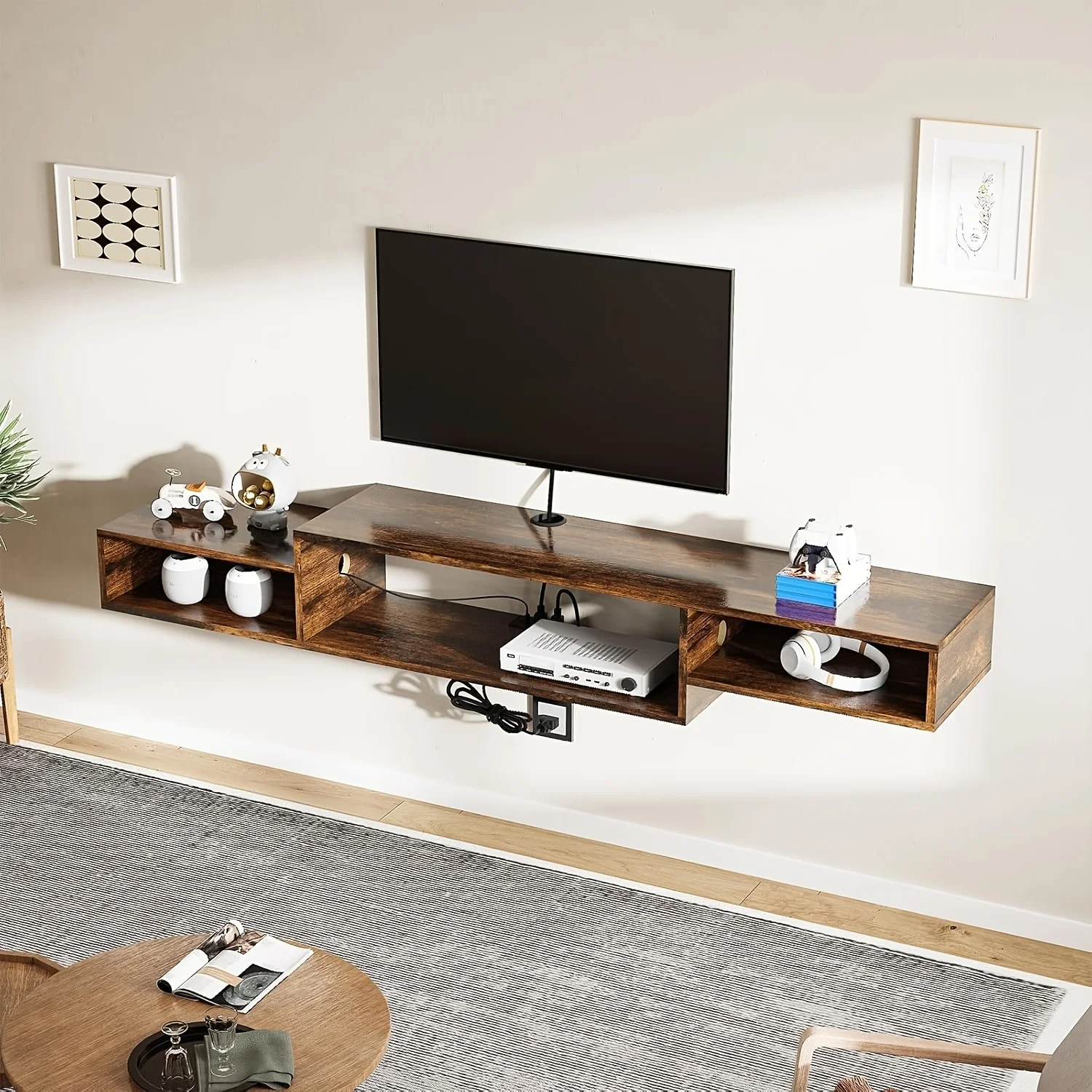 

Floating Shelves, Floating TV Stand with LED Lights And Power Outlet, 59 Inch Floating TV Shelf with Storage, Floating Entertainment Center Media Console Cabinet for Gaming Box Audio Video, Rustic Brown
